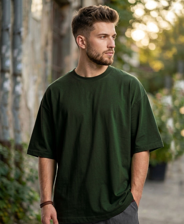 T.T. Men Oversized Fit Cotton Round Neck Tees Green