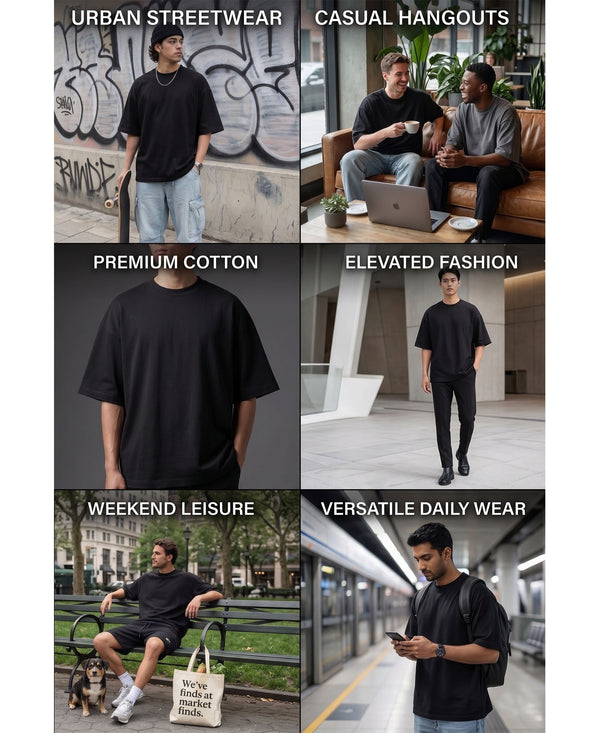 T.T. Men Oversized Fit Cotton Round Neck Tees Black