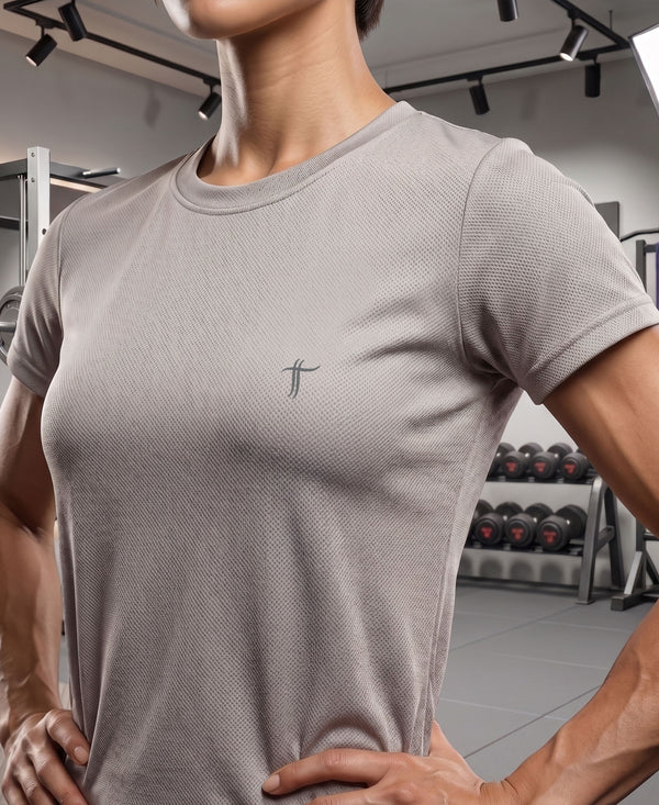 T.T. Women Dri-Fit Polyester Dot- Knit Fabric Round Neck Tees Beige