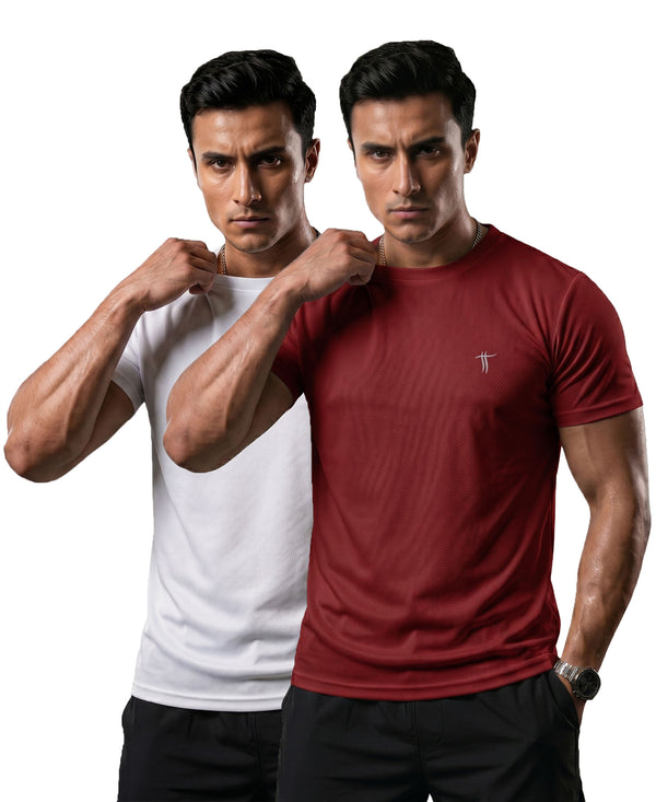 T.T. Men Dri-Fit Polyester Dot- Knit Fabric| Round Neck | Half Sleeve | Sweat-Wicking Gym & Active Wear Tees Pack Of 2 White,Maroon