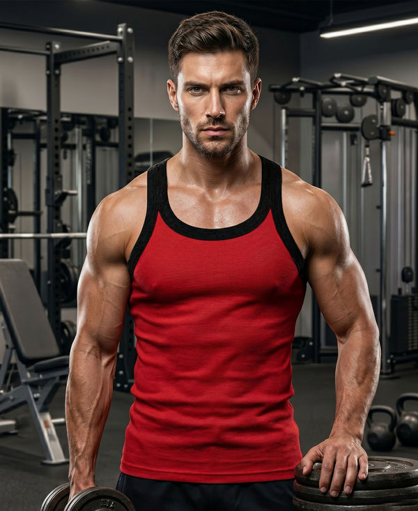 T.T. Men|Titanic Premium Gym Vest|Pure Cotton|Rib Fabric|Moisture-Wicking, Breathable & Stretchable Sleeveless Undershirt| Ideal For Gym, Sports & Daily Wear|Pack Of 1|Red
