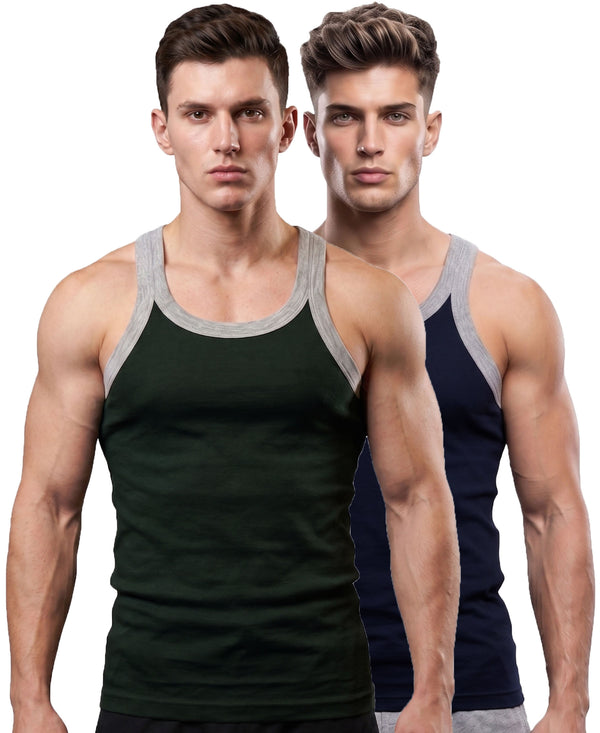 T.T. Men|Titanic Premium Gym Vest|Pure Cotton|Rib Fabric|Moisture-Wicking, Breathable & Stretchable Sleeveless Undershirt| Ideal For Gym, Sports & Daily Wear|Pack Of 2|Green,Navy