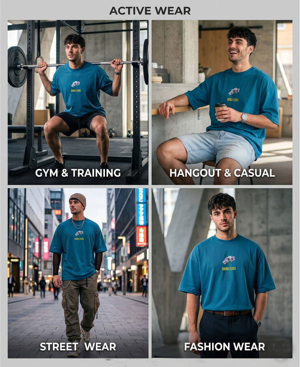 T.T. Men|Oversized Printed T-Shirt|Round Neck|Soft Breathable Cotton Fabric | Street , Casual & Outdoor Wear Tees|Big Print|Teal Blue