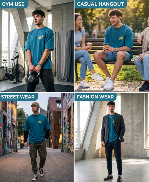T.T. Men|Oversized Printed T-Shirt|Round Neck|Soft Breathable Cotton Fabric | Street , Casual & Outdoor Wear Tees|Big Print|Teal Blue
