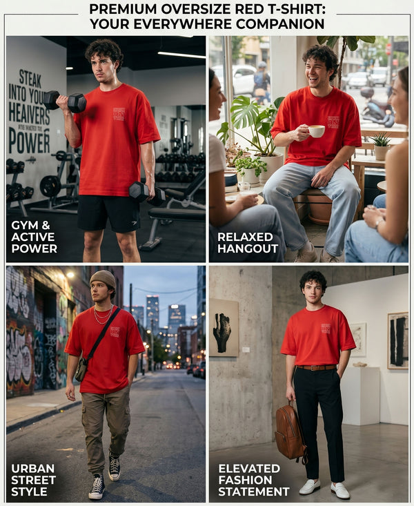 T.T. Men|Oversized Printed T-Shirt|Round Neck|Soft Breathable Cotton Fabric | Street , Casual & Outdoor Wear Tees|Big Print|Red