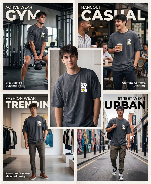 T.T. Men|Oversized Printed T-Shirt|Round Neck|Soft Breathable Cotton Fabric | Street , Casual & Outdoor Wear Tees|Big Print|Anthra Melange