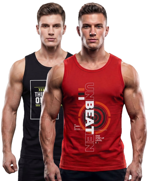 T.T. Men Cool Cotton Printed Regular Fit Round Neck Muscle Tees|Pack Of 2|Red,Black