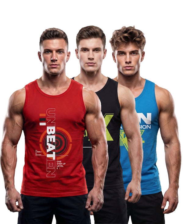 T.T. Men Cool Cotton Printed Regular Fit Round Neck Muscle Tees|Pack Of 3|Red,Black,Blue