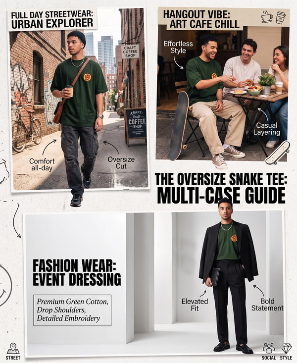 T.T. Men|Oversized Printed T-Shirt|Round Neck|Soft Breathable Cotton Fabric | Street , Casual & Outdoor Wear Tees|Snake Print|Green
