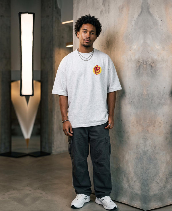 T.T. Men|Oversized Printed T-Shirt|Round Neck|Soft Breathable Cotton Fabric | Street , Casual & Outdoor Wear Tees|Snake Print|Grey Melange