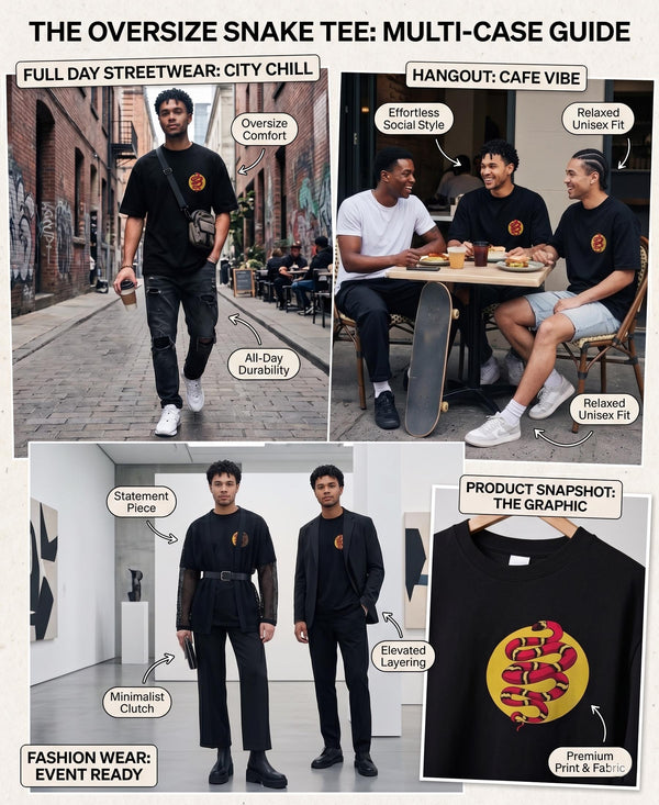 T.T. Men|Oversized Printed T-Shirt|Round Neck|Soft Breathable Cotton Fabric | Street , Casual & Outdoor Wear Tees|Snake Print|Black