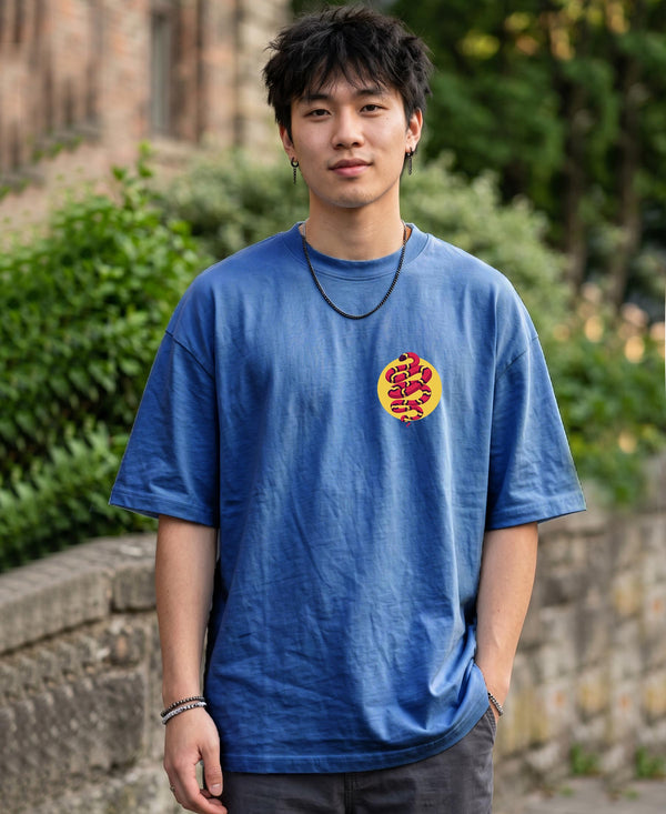 T.T. Men|Oversized Printed T-Shirt|Round Neck|Soft Breathable Cotton Fabric | Street , Casual & Outdoor Wear Tees|Snake Print|Sky Blue
