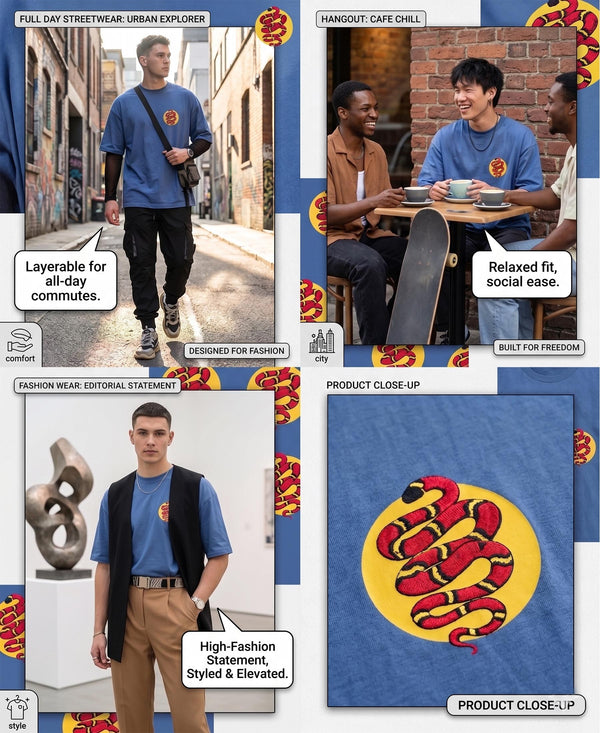 T.T. Men|Oversized Printed T-Shirt|Round Neck|Soft Breathable Cotton Fabric | Street , Casual & Outdoor Wear Tees|Snake Print|Sky Blue