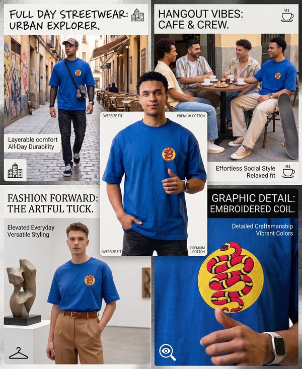 T.T. Men|Oversized Printed T-Shirt|Round Neck|Soft Breathable Cotton Fabric | Street , Casual & Outdoor Wear Tees|Snake Print|Royal Blue