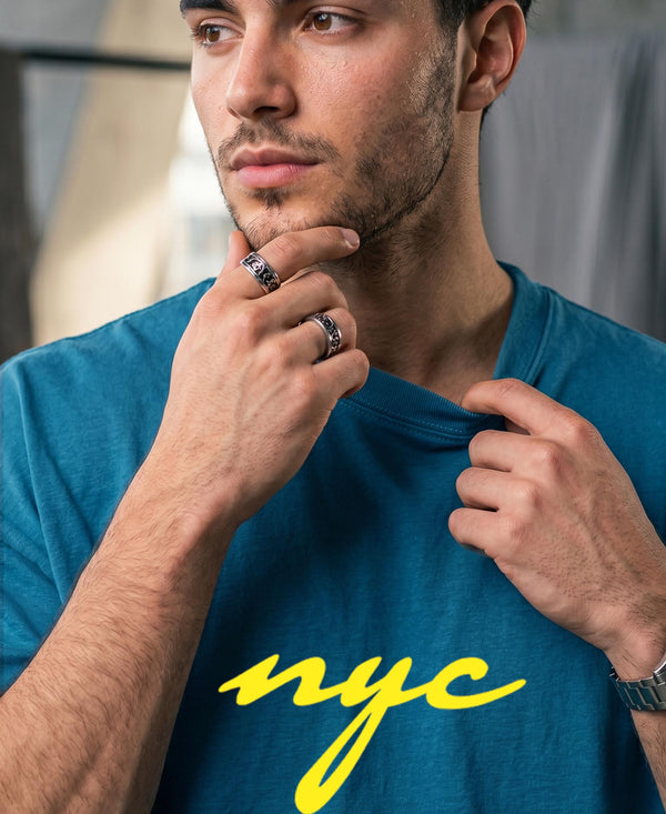 T.T. Men|Oversized Printed T-Shirt|Round Neck|Soft Breathable Cotton Fabric | Street , Casual & Outdoor Wear Tees|Nyc Print|Teal Blue
