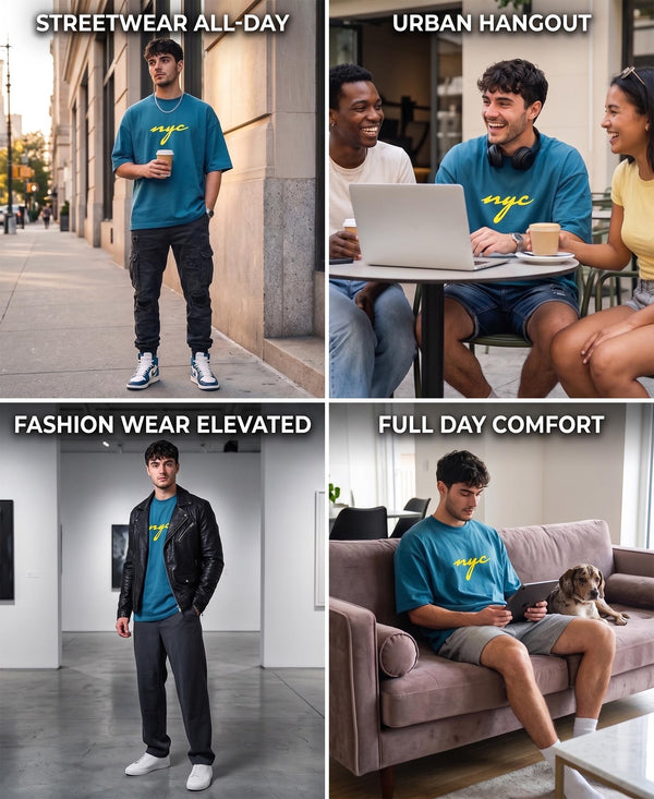 T.T. Men|Oversized Printed T-Shirt|Round Neck|Soft Breathable Cotton Fabric | Street , Casual & Outdoor Wear Tees|Nyc Print|Teal Blue