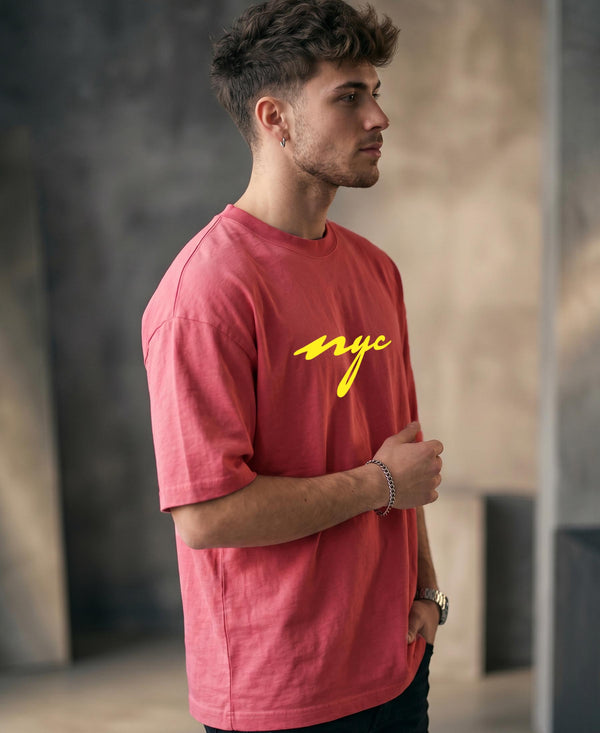 T.T. Men|Oversized Printed T-Shirt|Round Neck|Soft Breathable Cotton Fabric | Street , Casual & Outdoor Wear Tees|Nyc Print|Pink