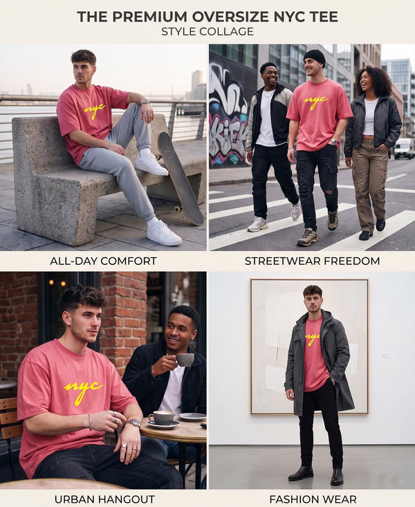T.T. Men|Oversized Printed T-Shirt|Round Neck|Soft Breathable Cotton Fabric | Street , Casual & Outdoor Wear Tees|Nyc Print|Pink