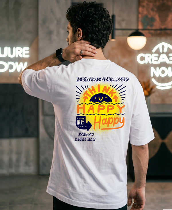 T.T. Men|Oversized Printed T-Shirt|Round Neck|Soft Breathable Cotton Fabric | Street , Casual & Outdoor Wear Tees|Happy Print|White