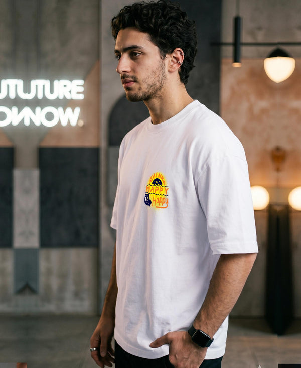 T.T. Men|Oversized Printed T-Shirt|Round Neck|Soft Breathable Cotton Fabric | Street , Casual & Outdoor Wear Tees|Happy Print|White