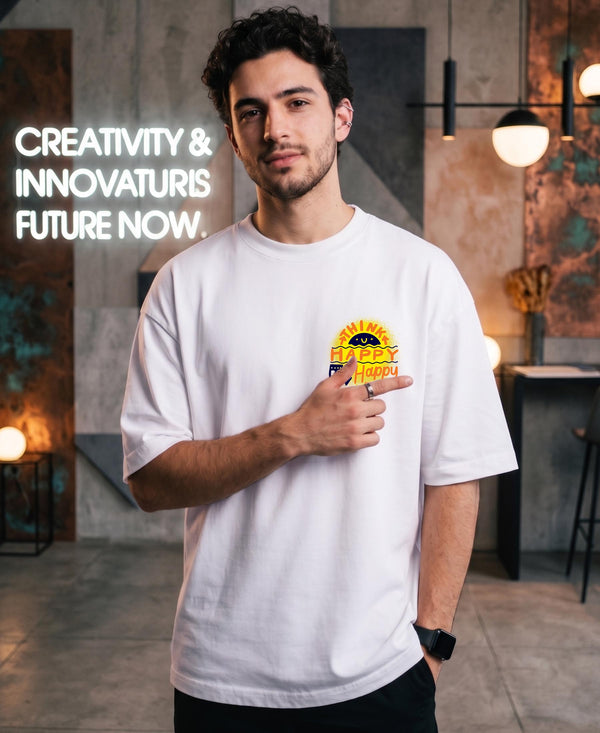 T.T. Men|Oversized Printed T-Shirt|Round Neck|Soft Breathable Cotton Fabric | Street , Casual & Outdoor Wear Tees|Happy Print|White