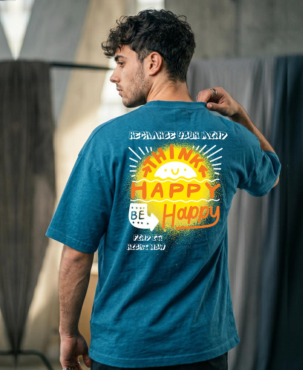 T.T. Men|Oversized Printed T-Shirt|Round Neck|Soft Breathable Cotton Fabric | Street , Casual & Outdoor Wear Tees|Happy Print|Teal Blue