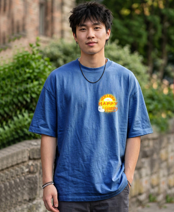 T.T. Men|Oversized Printed T-Shirt|Round Neck|Soft Breathable Cotton Fabric | Street , Casual & Outdoor Wear Tees|Happy Print|Sky Blue