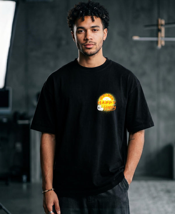 T.T. Men|Oversized Printed T-Shirt|Round Neck|Soft Breathable Cotton Fabric | Street , Casual & Outdoor Wear Tees|Happy Print|Black