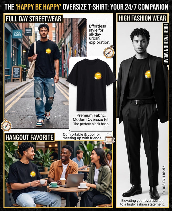 T.T. Men|Oversized Printed T-Shirt|Round Neck|Soft Breathable Cotton Fabric | Street , Casual & Outdoor Wear Tees|Happy Print|Black