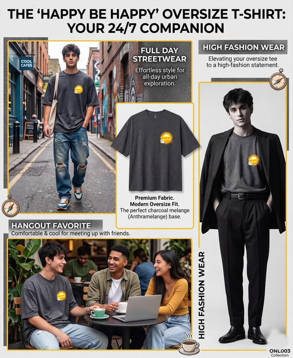 T.T. Men|Oversized Printed T-Shirt|Round Neck|Soft Breathable Cotton Fabric | Street , Casual & Outdoor Wear Tees|Happy Print|Anthra Melange