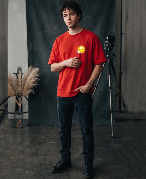 T.T. Men|Oversized Printed T-Shirt|Round Neck|Soft Breathable Cotton Fabric | Street , Casual & Outdoor Wear Tees|Happy Print|Red