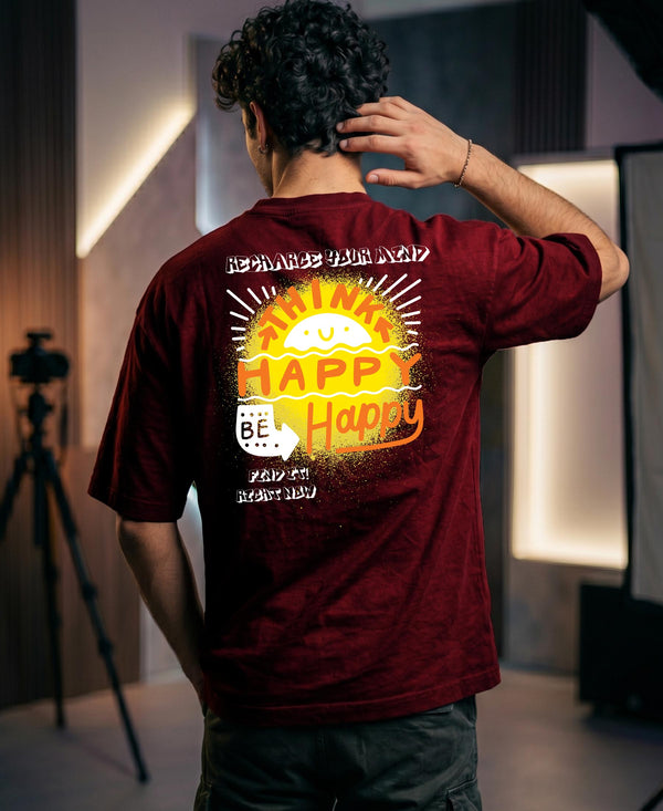 T.T. Men|Oversized Printed T-Shirt|Round Neck|Soft Breathable Cotton Fabric | Street , Casual & Outdoor Wear Tees|Happy Print|Maroon