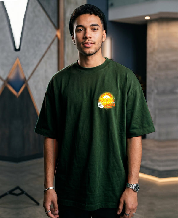 T.T. Men|Oversized Printed T-Shirt|Round Neck|Soft Breathable Cotton Fabric | Street , Casual & Outdoor Wear Tees|Happy Print|Green