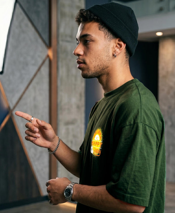 T.T. Men|Oversized Printed T-Shirt|Round Neck|Soft Breathable Cotton Fabric | Street , Casual & Outdoor Wear Tees|Happy Print|Green