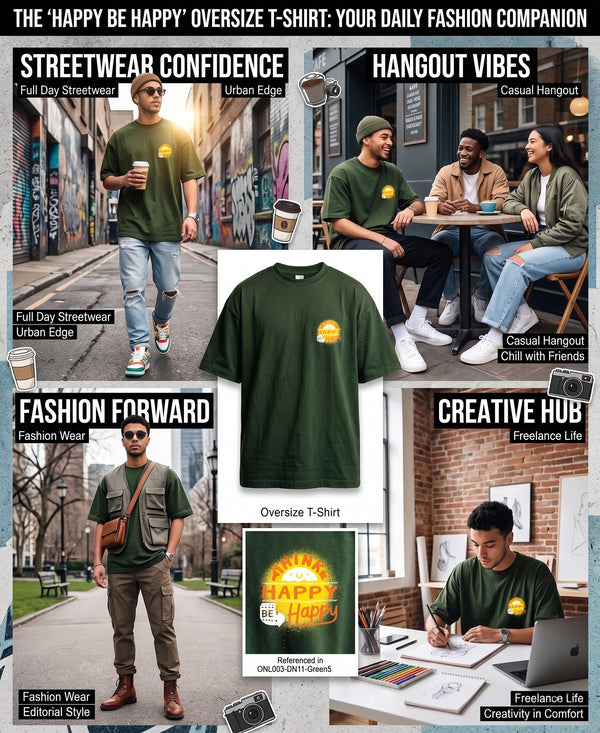 T.T. Men|Oversized Printed T-Shirt|Round Neck|Soft Breathable Cotton Fabric | Street , Casual & Outdoor Wear Tees|Happy Print|Green