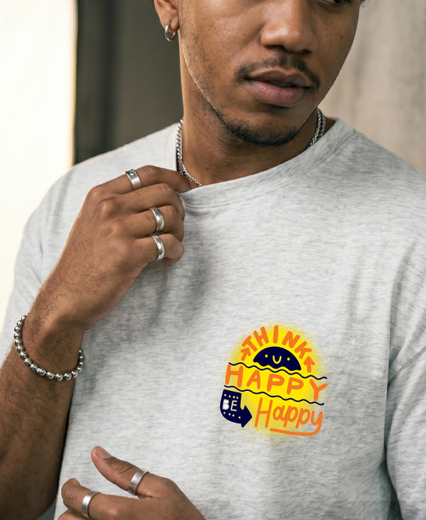 T.T. Men|Oversized Printed T-Shirt|Round Neck|Soft Breathable Cotton Fabric | Street , Casual & Outdoor Wear Tees|Happy Print|Grey Melange