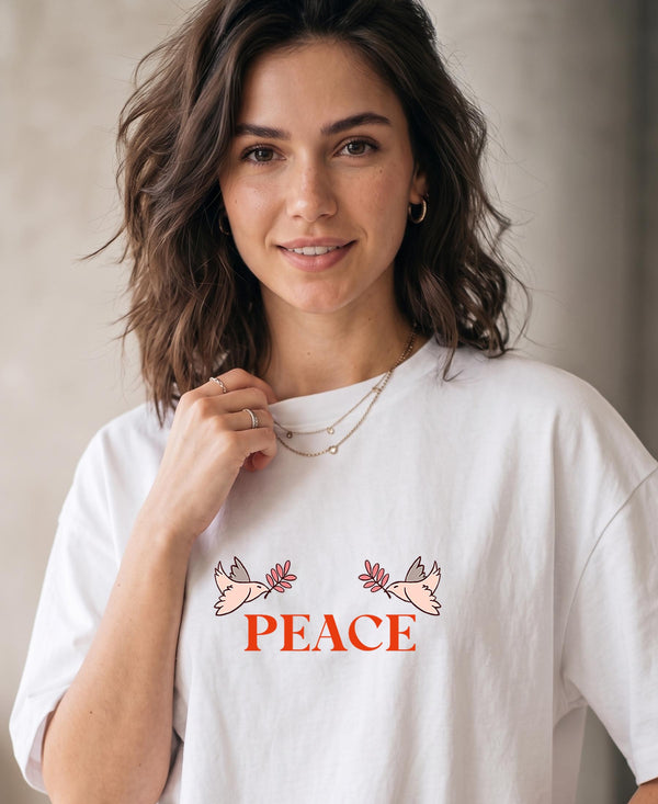 T.T. Women|Oversized Printed T-Shirt|Round Neck|Soft Breathable Cotton Fabric | Street , Casual & Outdoor Wear Tees|Peace Print|White