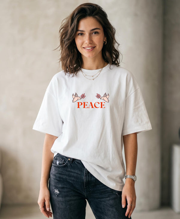 T.T. Women|Oversized Printed T-Shirt|Round Neck|Soft Breathable Cotton Fabric | Street , Casual & Outdoor Wear Tees|Peace Print|White