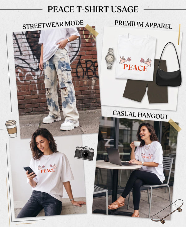 T.T. Women|Oversized Printed T-Shirt|Round Neck|Soft Breathable Cotton Fabric | Street , Casual & Outdoor Wear Tees|Peace Print|White