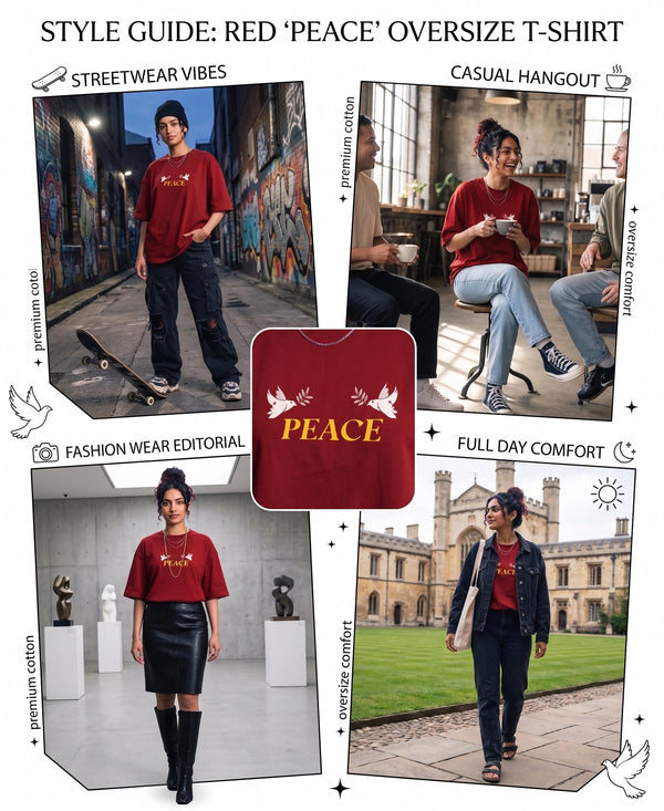 T.T. Women|Oversized Printed T-Shirt|Round Neck|Soft Breathable Cotton Fabric | Street , Casual & Outdoor Wear Tees|Peace Print|Red