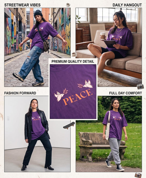 T.T. Women|Oversized Printed T-Shirt|Round Neck|Soft Breathable Cotton Fabric | Street , Casual & Outdoor Wear Tees|Peace Print|Purple