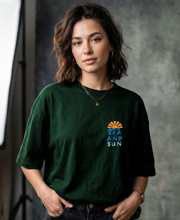 T.T. Women|Oversized Printed T-Shirt|Round Neck|Soft Breathable Cotton Fabric | Street , Casual & Outdoor Wear Tees|Sea & Sun Print|Green
