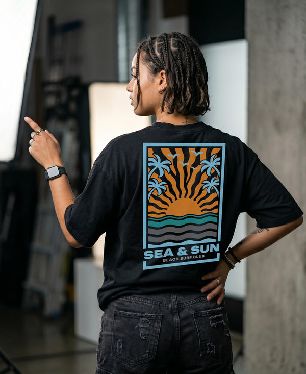 T.T. Women|Oversized Printed T-Shirt|Round Neck|Soft Breathable Cotton Fabric | Street , Casual & Outdoor Wear Tees|Sea & Sun Print|Black