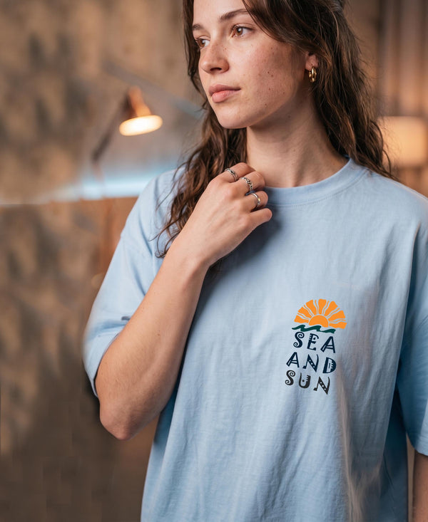 T.T. Women|Oversized Printed T-Shirt|Round Neck|Soft Breathable Cotton Fabric | Street , Casual & Outdoor Wear Tees|Sea & Sun Print|Baby Blue