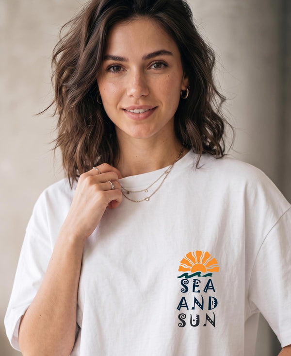 T.T. Women|Oversized Printed T-Shirt|Round Neck|Soft Breathable Cotton Fabric | Street , Casual & Outdoor Wear Tees|Sea & Sun Print|White