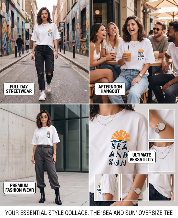 T.T. Women|Oversized Printed T-Shirt|Round Neck|Soft Breathable Cotton Fabric | Street , Casual & Outdoor Wear Tees|Sea & Sun Print|White