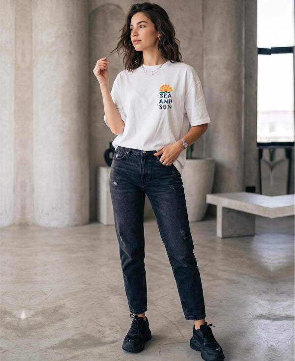 T.T. Women|Oversized Printed T-Shirt|Round Neck|Soft Breathable Cotton Fabric | Street , Casual & Outdoor Wear Tees|Sea & Sun Print|White