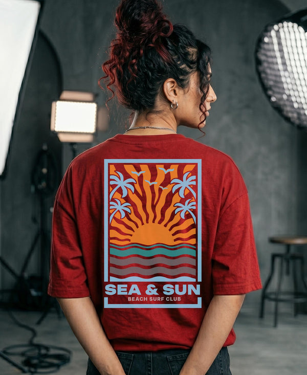 T.T. Women|Oversized Printed T-Shirt|Round Neck|Soft Breathable Cotton Fabric | Street , Casual & Outdoor Wear Tees|Sea & Sun Print|Red