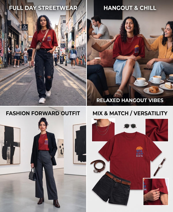 T.T. Women|Oversized Printed T-Shirt|Round Neck|Soft Breathable Cotton Fabric | Street , Casual & Outdoor Wear Tees|Sea & Sun Print|Red