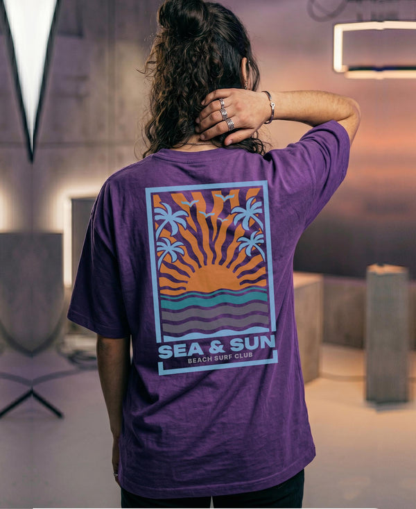 T.T. Women|Oversized Printed T-Shirt|Round Neck|Soft Breathable Cotton Fabric | Street , Casual & Outdoor Wear Tees|Sea & Sun Print|Purple